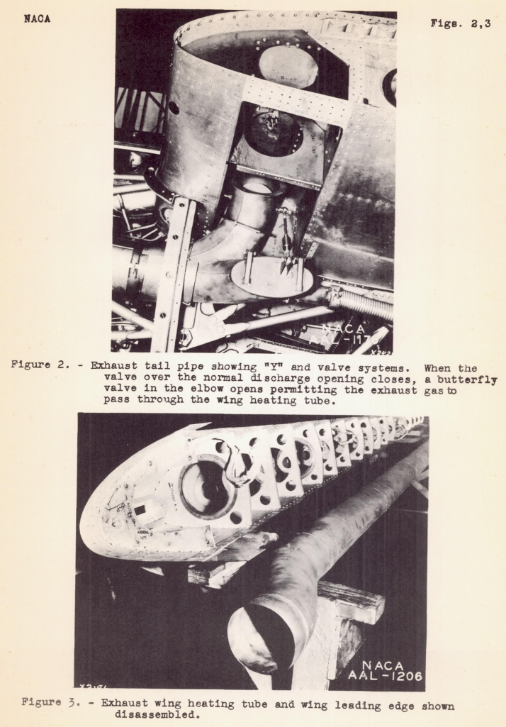 Figure 2. Exhaust tail pipe showing "Y" and valve systems. When the valve over the normal discharge opening closes, a butterfly valve in the elbow opens permitting the exhaust gas to pass through the wing heating tube. Figure 3. Exhaust wing heating tube and wing leading edge shown disassembled.